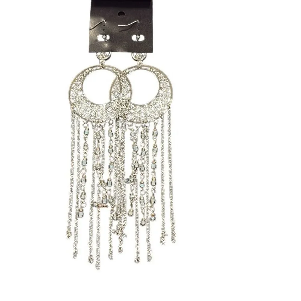 Silver Tone Half Moon Filigree‎ Blue Beaded Long Earrings Chain Fringe Boho NWT